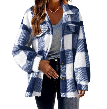 Plush Plaid Women's Autumn And Winter Open Button Lapel Thermal Plaid Pattern Jacket